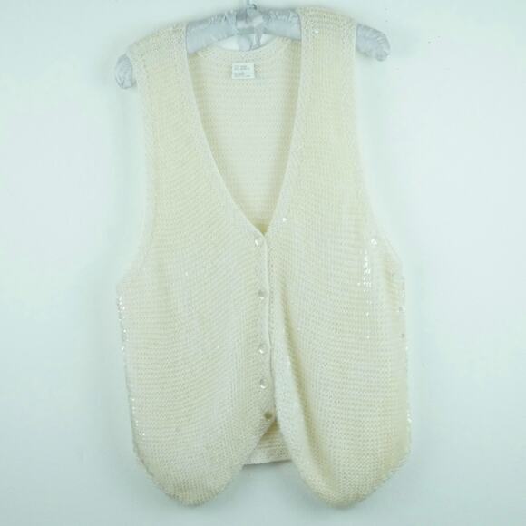 Womens Large Sweater Vest Sequin Wool Blend Boho Cottagecore Cream Grannycore - Picture 1 of 8